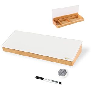 desktop glass whiteboard with wooden organizer box for office supplies storage, computer keyboard stand, desk dry erase white board with drawer for stationary, marker & eraser included, yeoux