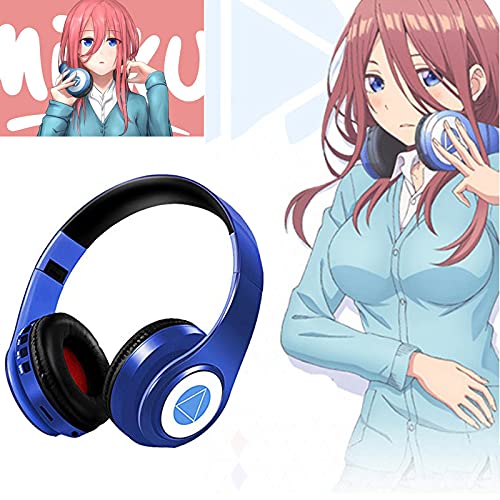 Nakano Miku Bluetooth Headphones, Hi-Fi Stereo Wireless Over Ear Headphones with Built-in Mic, The Quintessential Quintuplets Manga Cartoon Cosplay Prop for Family Leisure, Party, Travel - Blue