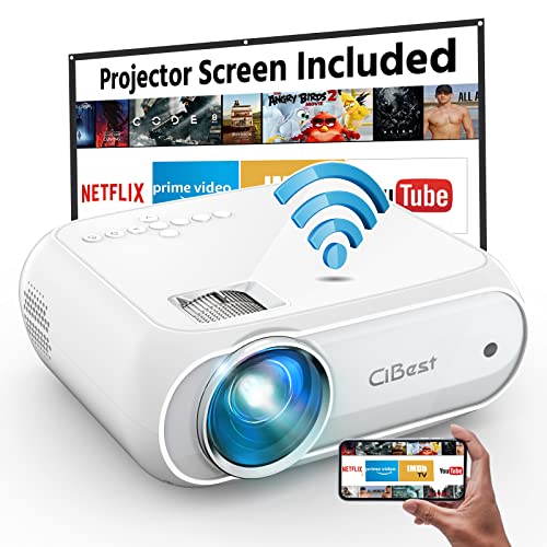 Cibest WiFi Projector Native 1080p, 8000L Movie Projector with High Contrast of 9000:1, Home Projector, Phone Projector, Compatible with iPhone, Android, TV Stick, etc. Comes with Projector Screen