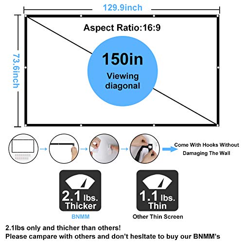 Projection Screen 16:9 4K/8k HD Foldable Anti-Crease Portable 3-Layer Projector Movies Screen for Home Theater Outdoor Indoor Backyard Support Double Sided Projection (150 inch)