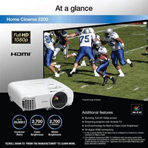 Epson Home Cinema 2200 3LCD 1080p Projector, Built-in Android TV, Streaming/Gaming/Home Theater, 35,000:1 Contrast, 2700 lumens Color and White Brightness (Renewed)