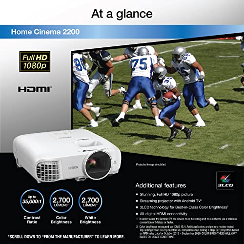 Epson Home Cinema 2200 3LCD 1080p Projector, Built-in Android TV, Streaming/Gaming/Home Theater, 35,000:1 Contrast, 2700 lumens Color and White Brightness (Renewed)