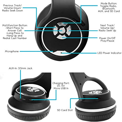 WOOZIK Twist Wireless Headphones, Over Ear 2 in 1 Hybrid Headset with Built-in FM Radio, Micro-SD Card Slot, AUX, Volume Control, Mic, Black