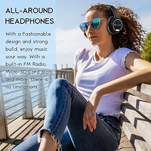 WOOZIK Twist Wireless Headphones, Over Ear 2 in 1 Hybrid Headset with Built-in FM Radio, Micro-SD Card Slot, AUX, Volume Control, Mic, Black