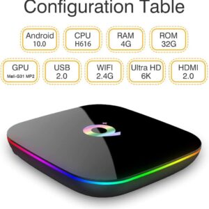 Q Plus Android 10.0 TV Box, Android Box 4GB RAM 32GB ROM H616 Quad Core USB 2.0 2.4G WiFi Support 6K 3D/H.265 Smart TV Box