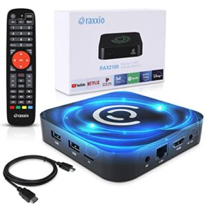 raxxio android tv box – rax2100 android 9.0, ultra hd 4k 75fps, 4 gb ram, 64 gb rom, wifi 2.4g + 5g, usb 3.0, and bluetooth 4.1 enabled smart android box with hdmi cable and bluetooth remote control