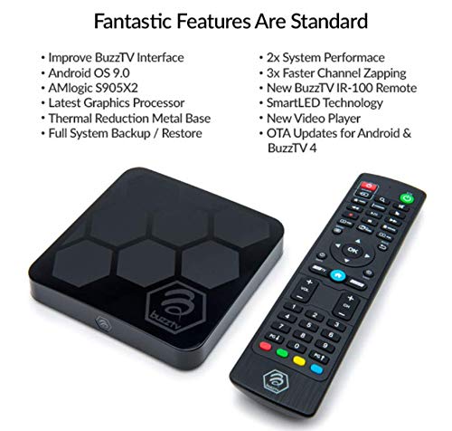 BuzzTV XR4000 - Android 9.0 IPTV Set-Top Box with IR-100 Remote - Faster Than Ever Before - 4K Ultra HD - 2GB RAM 16GB Storage - Latest Graphics Processor - Dual Band WiFi