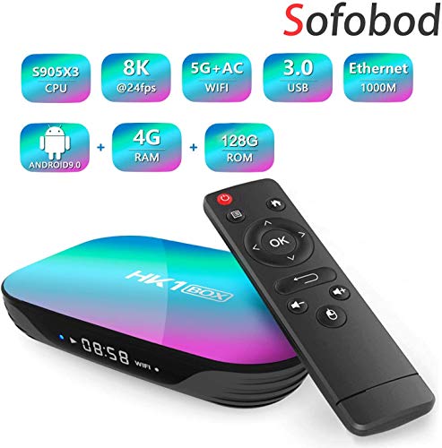 Sofobod HK1 Box Smart TV Box Android 9.0, 4GB RAM 128GB ROM, S905X3 Quad Core 64bit Cortex-A55, GPU G31™ MP2, 2.4G/5G Dual WiFi BT4.0 H.265 Decoding LAN 1000 RJ-45, HD 8K