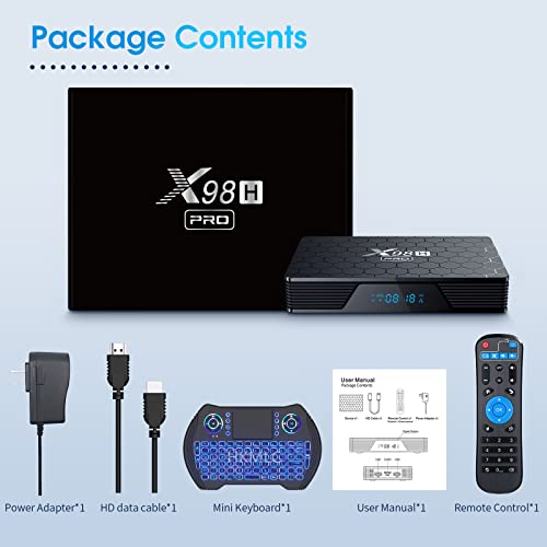 Android TV Box 12.0, X98H PRO Smart TV Box 4GB 32GB with Mini Backlit Keyboard, H618 Chip Support 2.4G/5.8G WiFi6 1000M Ethernet LAN Bluetooth 5.0 3D/6K Android Box Set Top TV Box