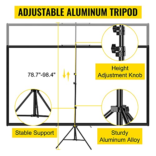 VEVOR Tripod Projector Screen with Stand 100inch 16:9 4K HD Projection Screen Stand Wrinkle-Free Height Adjustable Portable Screen for Projector Indoor & Outdoor for Movie, Home Cinema, Gaming, Office