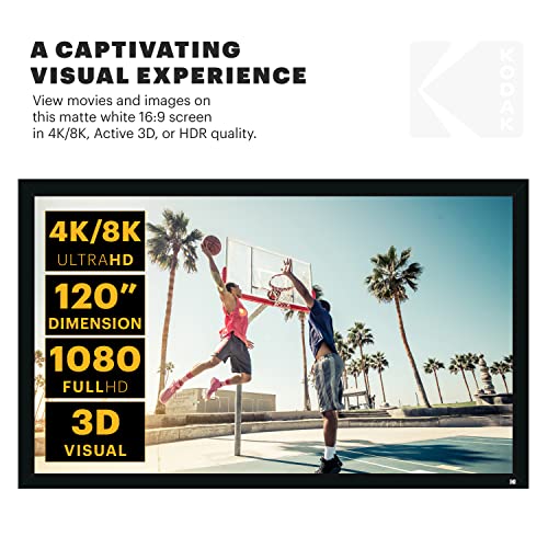 KODAK Projector Screen | 120” Fixed Frame Home Projection Screen with Black Velvet Frame, Durable PVC & Wall Mount Kit | 160° View Angle, 16:9, 1.1, Full HD 4K 8K & Active 3D Ready for Movies & Gaming