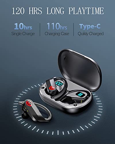 Bluetooth Headphones Wireless Earbuds Sports,120H Playtime Over-Ear Bluetooth 5.3 Ear Buds with Earhook Wireless Headphones LED Display Workout Audifonos Bluetooth inalambricos for Samsung Android