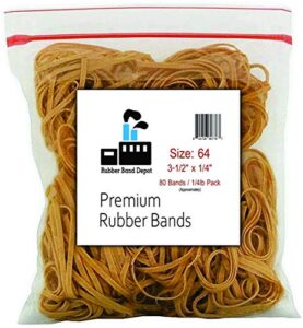 rubber bands, rubber band depot, size #64, approximately 80 rubber bands per bag, rubber band measurements: 3-1/2″ x 1/4” – 1/4 pound bag