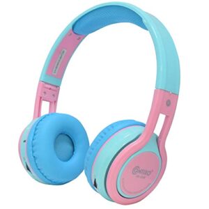 contixo kb-2600 cotton candy color kids headphones – wireless headphones for kids – premium sound limit – long lasting battery – built-in mic – children bluetooth headphones for boys girls (blue pink)
