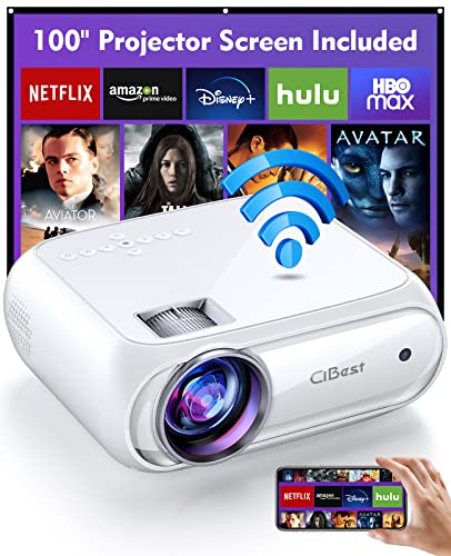 Cibest WiFi Projector Native 1080p, 8000L Mini Projector with High Contrast of 9000:1, Full HD Projector Compatible with iPhone, Android, TV Stick, etc. Comes with Projector Screen