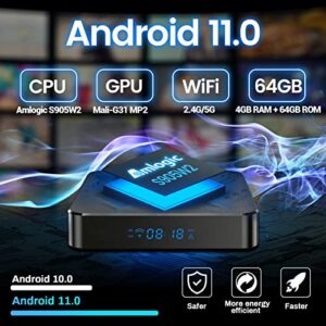 Android TV Box 2022 4GB 64GB Tv Box Android 11.0 Amlogic S905W2 USB 2.0 1080P Ultra HD 4K HDR H.265 AV1 WiFi 2.4G 5GHz BT 5.0 with Wireless Backlit Mini Keyboard
