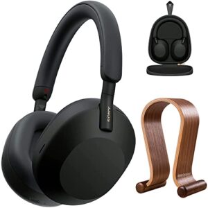 sony wh-1000xm5 wireless industry leading noise canceling headphones, black bundle with deco gear wood headphone display stand and protective travel carry case