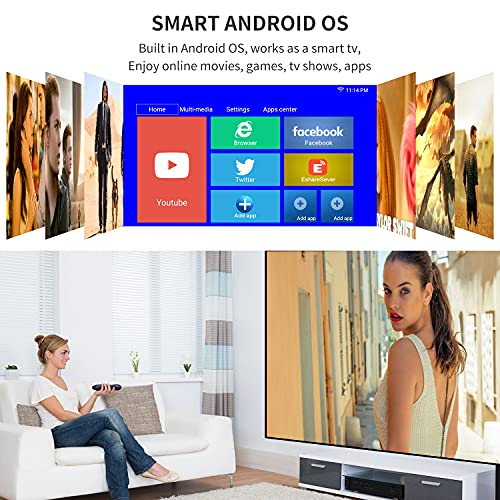 Native 1080p Full HD WiFi Bluetooth Projector, High Brightness Gaming Projectors Outdoor Movie Night, Android OS TV Projector App Netflix Airplay, Compatible with Android/iOS, TV Stick, DVD, PC, HDMI