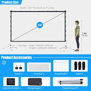 Projector Screen and Stand WUSHENG 120 Inch Outdoor Movie Screen Portable Large Projector Screen Pull Down with Carry Bag Wrinkle-Free 4K HD Projection Screen for Backyard Home Theater Cinema