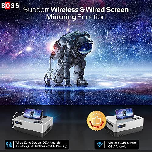 Boss Projector with 5G WiFi Bluetooth Native 1080P 9500L 4K Supported BOSS S13A Portable Outdoor Projector with Screen Video Home Theater Projector for HDMI USB VGA PC TVBox iOS & Android Phone