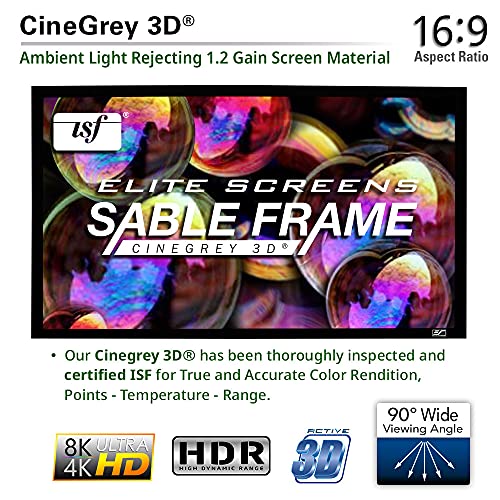 Elite Screens Sable Frame CineGrey 3D, 150-inch Diagonal 16:9, 8K 4K Ultra HD Ready Ceiling and Ambient Light Rejecting Fixed Frame Projector Screen, CineGrey 3D Projection Material, ER150DHD3