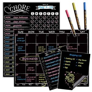 jjpro magnetic chalkboard monthly calendar – reward chore chart blackboard combo set with neon bright liquid chalk markers – bonus grocery list and notepad blackboard for refrigerator included
