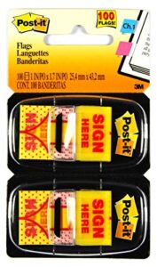post-it message flags, “sign here”, 50/dispenser, 2 dispensers/pack, 1 in wide, yellow (680-sh2)
