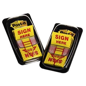 Post-it Message Flags, "Sign Here", 50/Dispenser, 2 Dispensers/Pack, 1 in Wide, Yellow (680-SH2)
