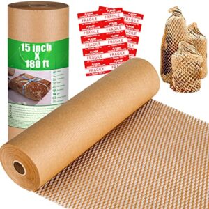 honeycomb packing paper, 15″ x 180′ recyclable cushion packing paper for moving shipping packaging breakables, eco friendly bubble wrap alternative roll kraft honeycomb paper with 20 fragile stickers