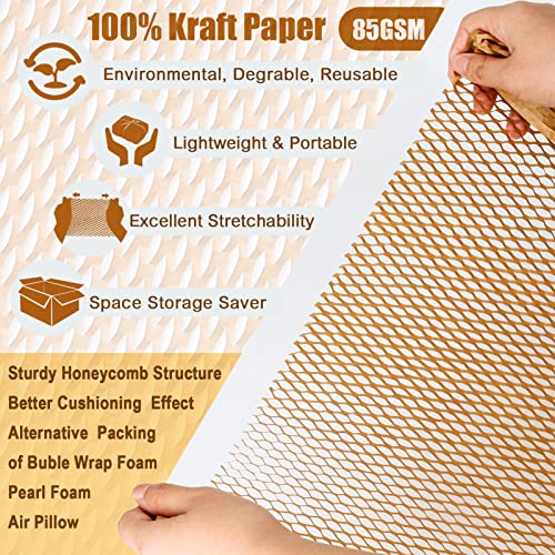 Honeycomb Packing Paper, 15" x 180' Recyclable Cushion Packing Paper for Moving Shipping Packaging Breakables, Eco Friendly Bubble Wrap Alternative Roll Kraft Honeycomb Paper with 20 Fragile Stickers