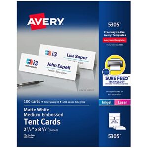 avery printable tent cards with sure feed technology, 2.5″ x 8.5″, white with embossed border, 100 blank place cards for laser or inkjet printers (05305)