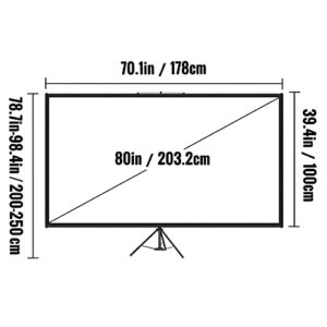 VEVOR Tripod Projector Screen with Stand 80 inch 16:9 4K HD Projection Screen Stand Wrinkle-Free Height Adjustable Portable Screen for Projector Indoor & Outdoor for Movie, Home Cinema, Gaming, Office