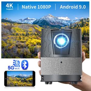 Mini Native 1080P Projector with 5G WiFi & Bilateral Bluetooth for Phone,Portable Outdoor Movie Projector Wireless/Wired Mirroring,4K Smart Home Theater Projector Android 9.0 for Netflix YouTube Hulu