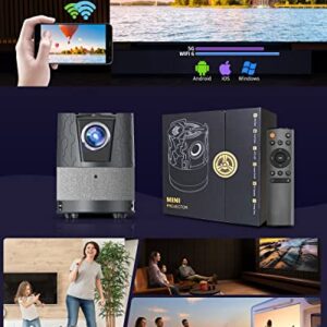 Mini Native 1080P Projector with 5G WiFi & Bilateral Bluetooth for Phone,Portable Outdoor Movie Projector Wireless/Wired Mirroring,4K Smart Home Theater Projector Android 9.0 for Netflix YouTube Hulu