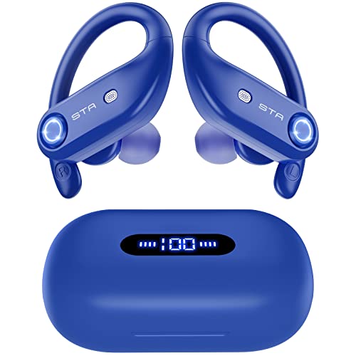 STADOR Bluetooth Headphones 4-Mics Clear Call 100Hrs Playtime with 2200mAh Wireless Charging Case Wireless Earbuds Sweatproof Waterproof Over Ear Earphones for Sports Running Workout Gaming Blue