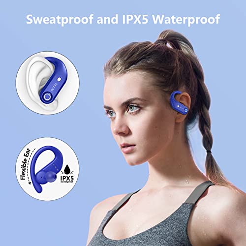 STADOR Bluetooth Headphones 4-Mics Clear Call 100Hrs Playtime with 2200mAh Wireless Charging Case Wireless Earbuds Sweatproof Waterproof Over Ear Earphones for Sports Running Workout Gaming Blue