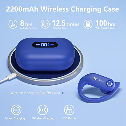 STADOR Bluetooth Headphones 4-Mics Clear Call 100Hrs Playtime with 2200mAh Wireless Charging Case Wireless Earbuds Sweatproof Waterproof Over Ear Earphones for Sports Running Workout Gaming Blue