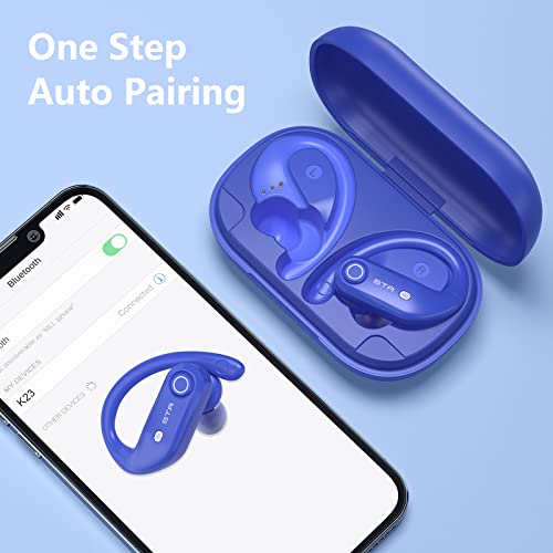 STADOR Bluetooth Headphones 4-Mics Clear Call 100Hrs Playtime with 2200mAh Wireless Charging Case Wireless Earbuds Sweatproof Waterproof Over Ear Earphones for Sports Running Workout Gaming Blue