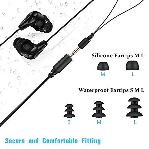 AGPTEK IPX8 Waterproof in-Ear Earphones, Coiled Cable Swimming Earbuds with Stereo Audio Extension Cable, Wired, Black