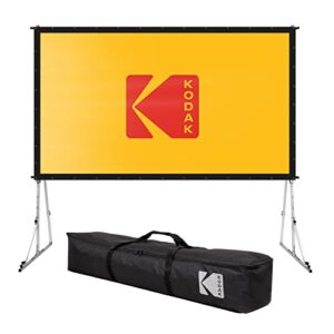 kodak 150” portable projector screen w/ stand – fast fold white projection backdrop for outdoor & indoor movies with tripod, outdoor stability kit, & black storage carry case