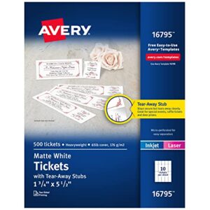 avery matte white printable tickets with tear-away stubs, 1-3/4 x 5-1/2, pack of 500 (16795)