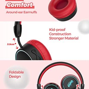 gorsun E95A Kids Headphones Wireless with Mic, Bluetooth 5.1, LED Lights Kids Bluetooth Headphones, 85dB Volume Limited Toddler Headphones, Stereo Headsets for School Tablet PC, Red