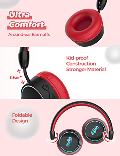 gorsun E95A Kids Headphones Wireless with Mic, Bluetooth 5.1, LED Lights Kids Bluetooth Headphones, 85dB Volume Limited Toddler Headphones, Stereo Headsets for School Tablet PC, Red