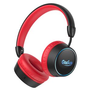 gorsun e95a kids headphones wireless with mic, bluetooth 5.1, led lights kids bluetooth headphones, 85db volume limited toddler headphones, stereo headsets for school tablet pc, red