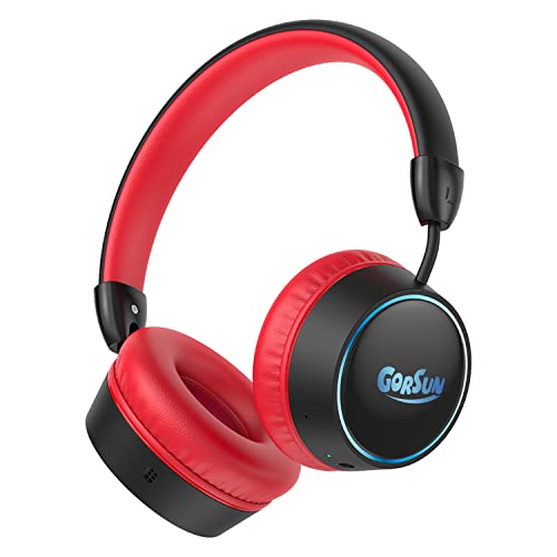 gorsun E95A Kids Headphones Wireless with Mic, Bluetooth 5.1, LED Lights Kids Bluetooth Headphones, 85dB Volume Limited Toddler Headphones, Stereo Headsets for School Tablet PC, Red