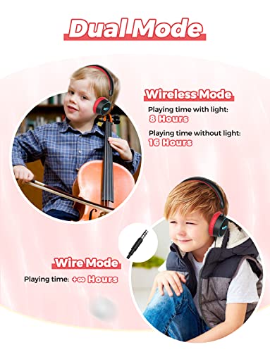 gorsun E95A Kids Headphones Wireless with Mic, Bluetooth 5.1, LED Lights Kids Bluetooth Headphones, 85dB Volume Limited Toddler Headphones, Stereo Headsets for School Tablet PC, Red