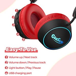 gorsun E95A Kids Headphones Wireless with Mic, Bluetooth 5.1, LED Lights Kids Bluetooth Headphones, 85dB Volume Limited Toddler Headphones, Stereo Headsets for School Tablet PC, Red