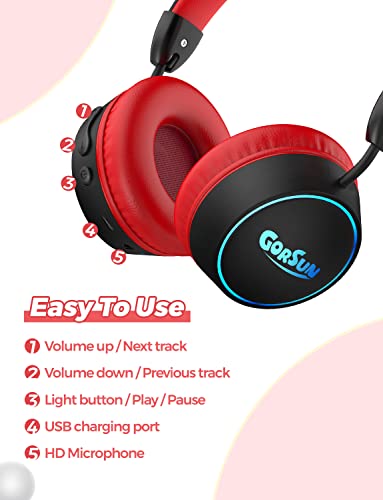 gorsun E95A Kids Headphones Wireless with Mic, Bluetooth 5.1, LED Lights Kids Bluetooth Headphones, 85dB Volume Limited Toddler Headphones, Stereo Headsets for School Tablet PC, Red