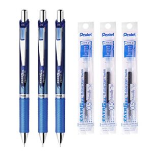 pentel energel deluxe rtx retractable liquid gel pen – 0.5mm – fine line needle tip blue ink – blue body type – 3pens & 3pens refills value set