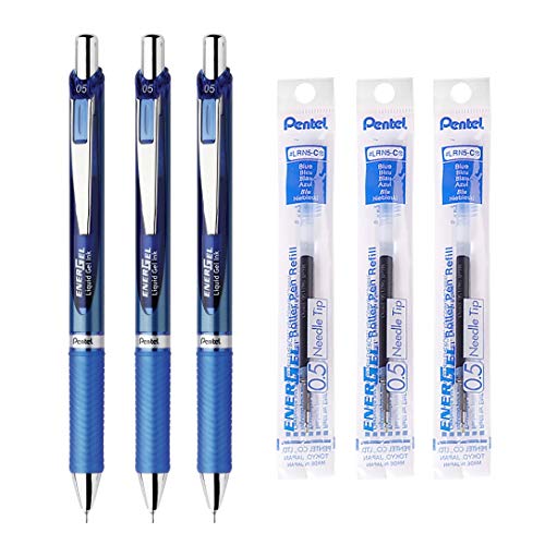 Pentel Energel Deluxe RTX Retractable Liquid Gel Pen - 0.5mm - Fine Line Needle Tip Blue Ink - Blue Body Type - 3Pens & 3Pens Refills Value Set